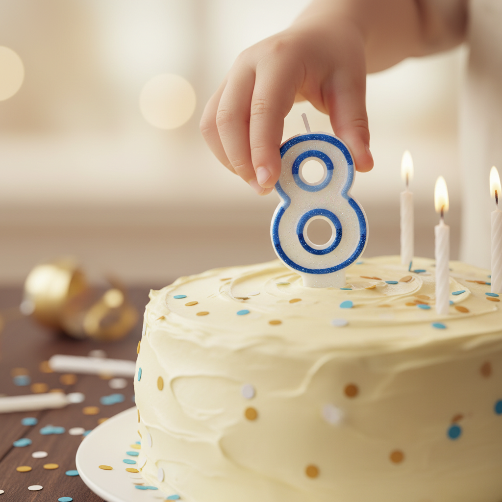 Child placing blue glitter number 8 birthday candle onto a birthday cake, warm bokeh background