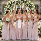 Bridesmaids at wedding holding Wedding Day bottle gift bag with champagne bottle inside