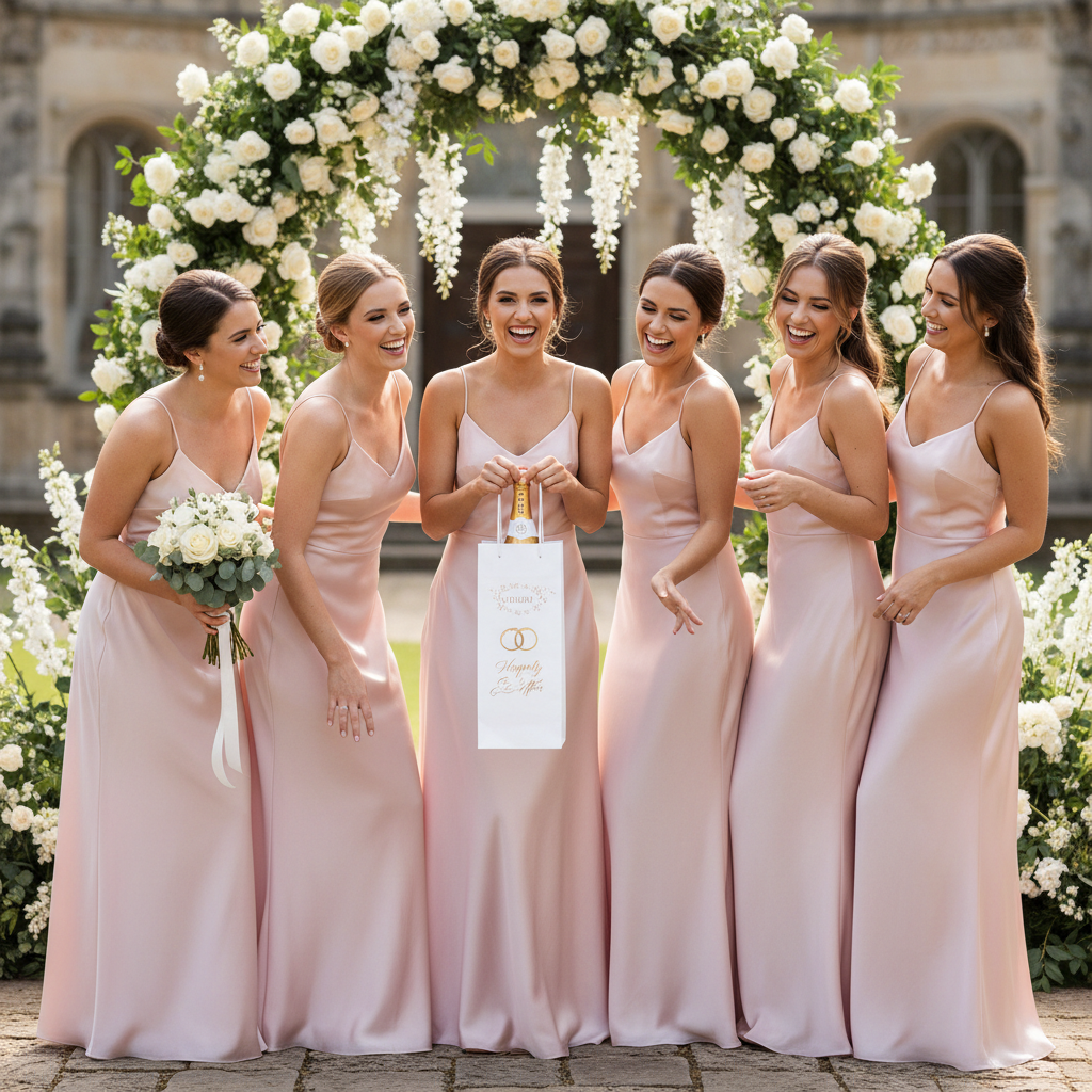 Bridesmaids at wedding holding Wedding Day bottle gift bag with champagne bottle inside