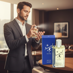 Confident man holding D&M Immortal EDT spray in sophisticated office setting