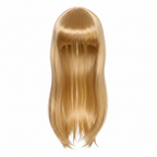 Womens long blonde fringe wig on white background, studio hero shot showing full length silky straight golden blonde hair