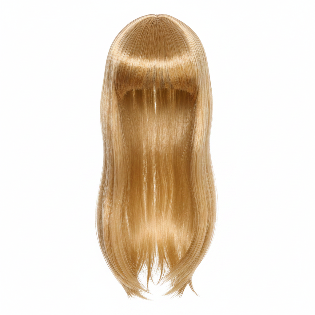 Womens long blonde fringe wig on white background, studio hero shot showing full length silky straight golden blonde hair