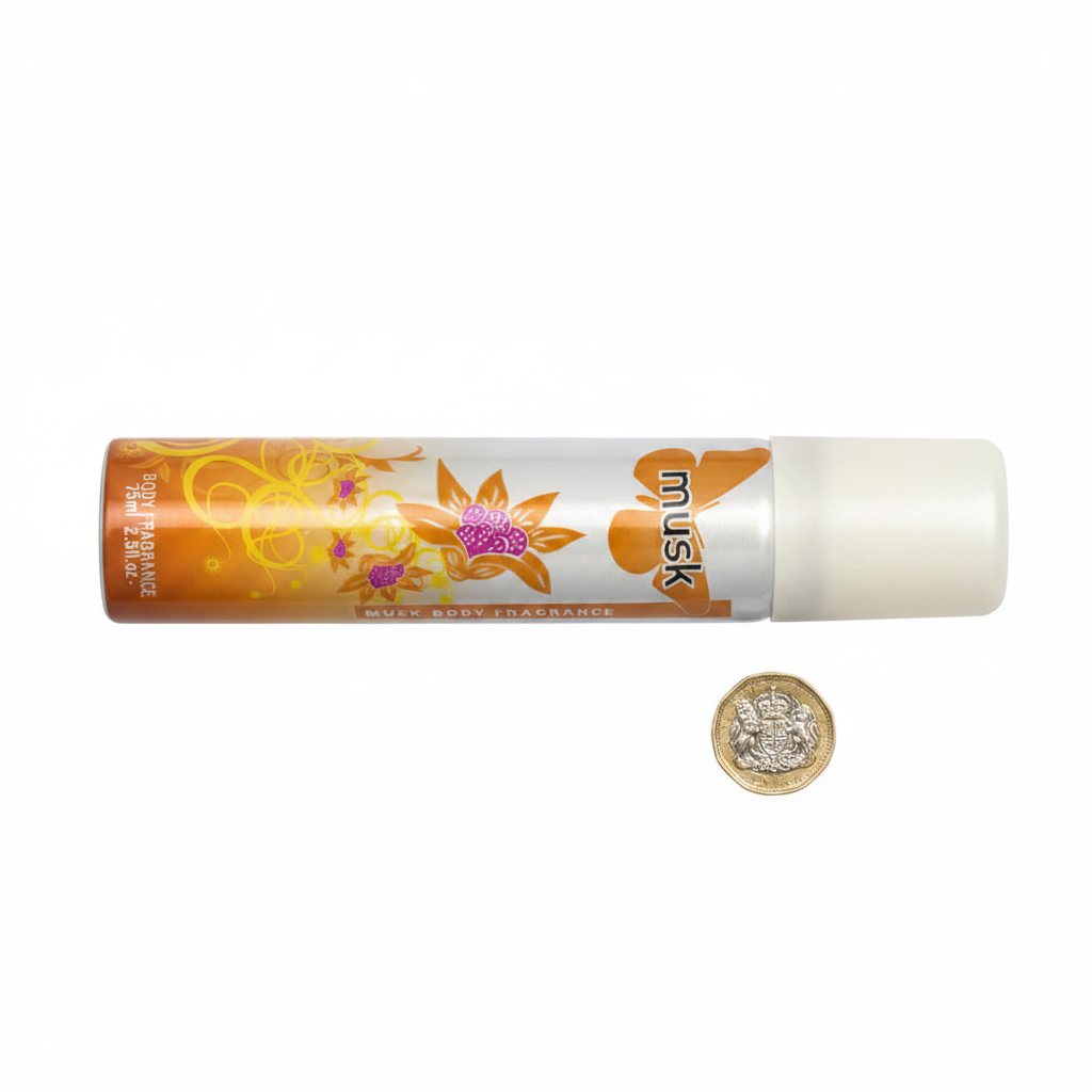 Insette Ladies Body Spray Musk 75ml aerosol can placed beside a UK £1 coin on white background to show product size