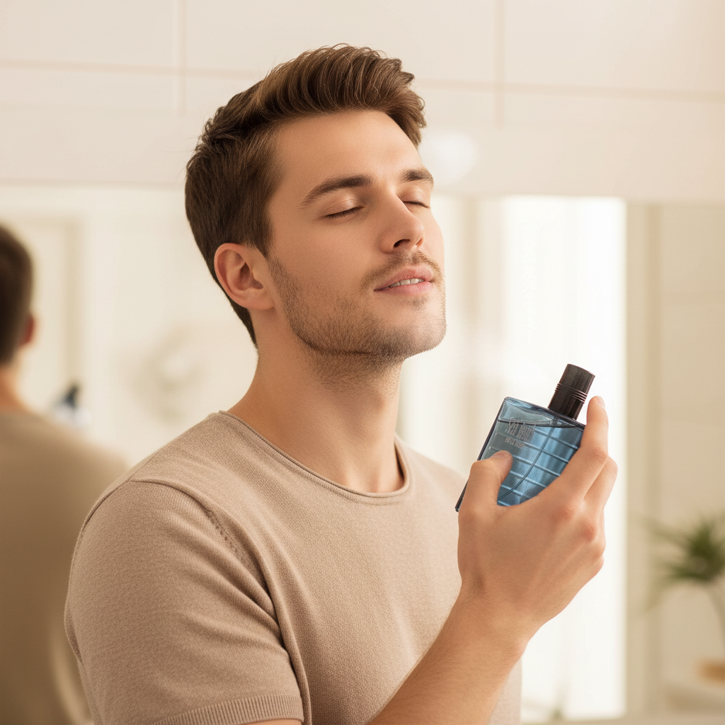 Man spraying Real Time Sea Beach EDT aftershave onto his neck, candid lifestyle shot with bokeh background
