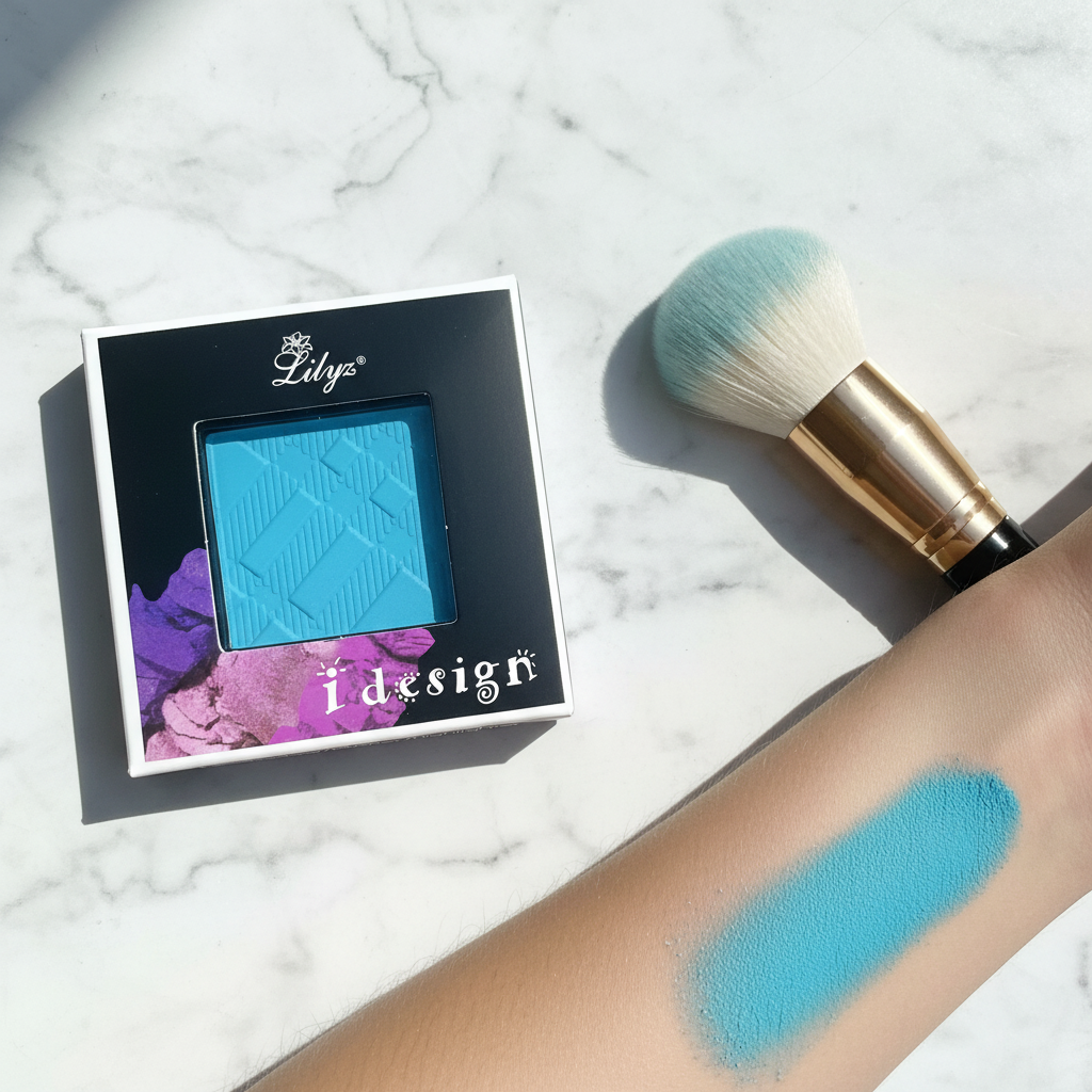 Lilyz Eyeshadow Mono Sapphire on marble surface with makeup brush and colour swatch