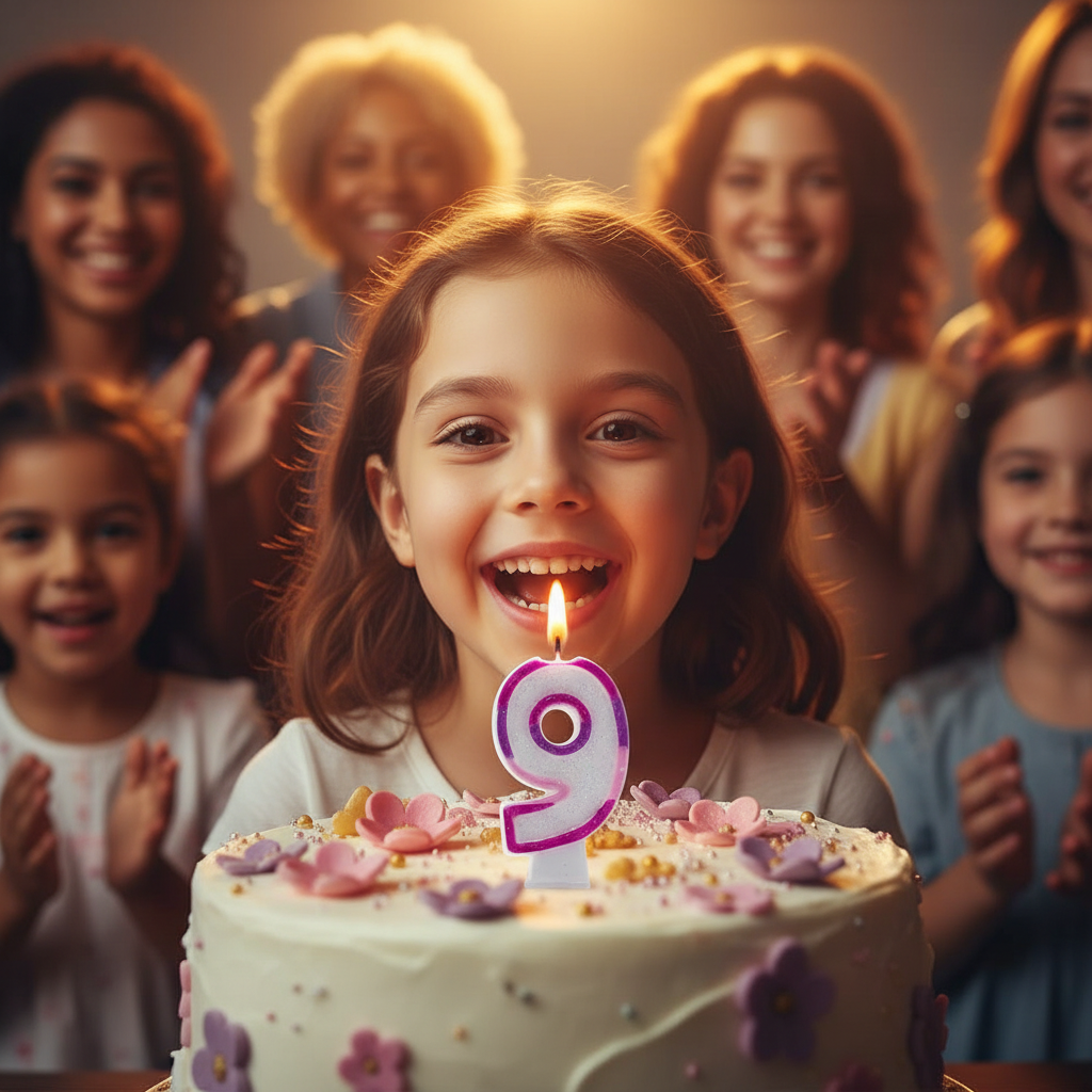Child's joyful face lit by Pink Number 9 Birthday Candle glow - birthday celebration moment