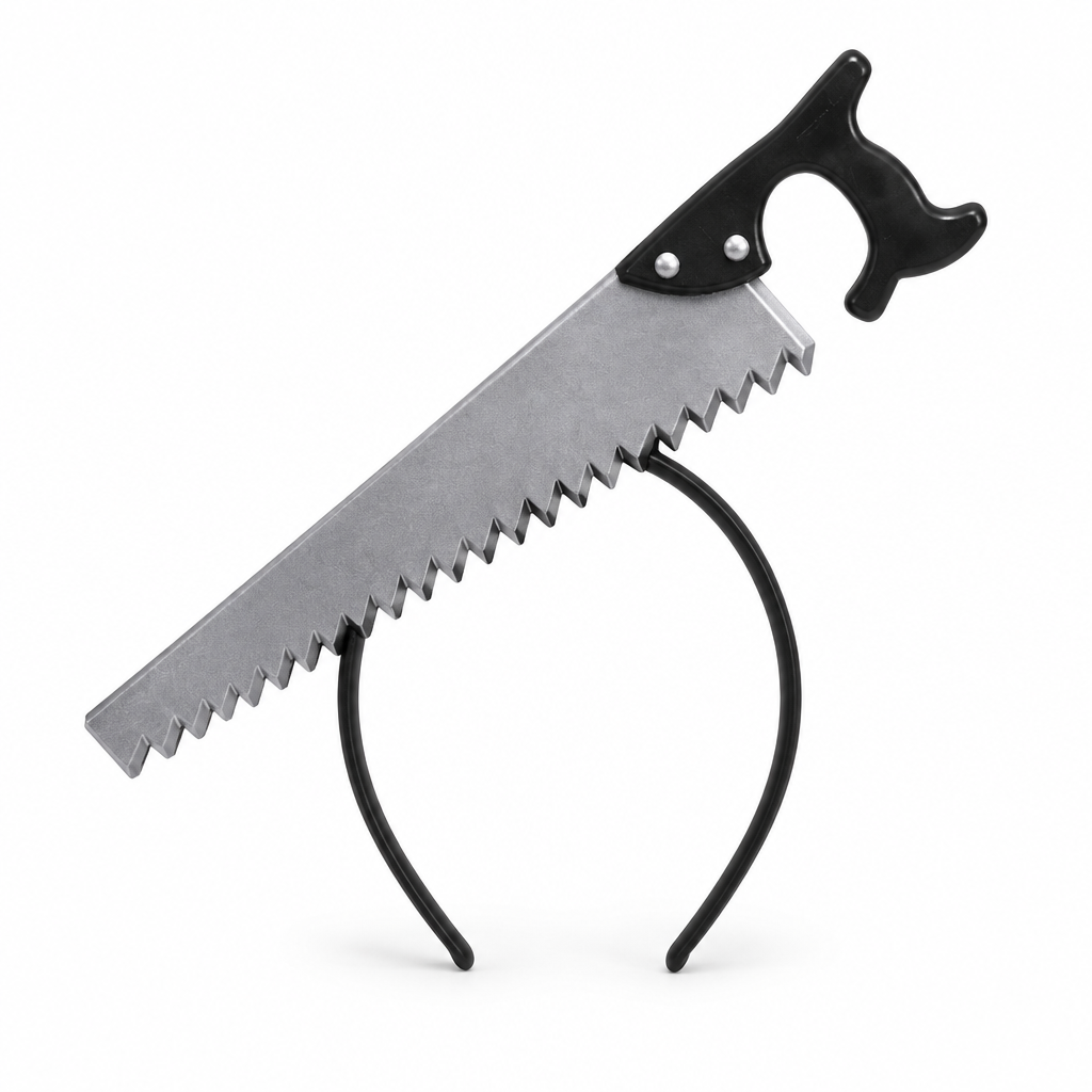 Saw in head Halloween headband prop with grey toothed blade and black handle on a white background