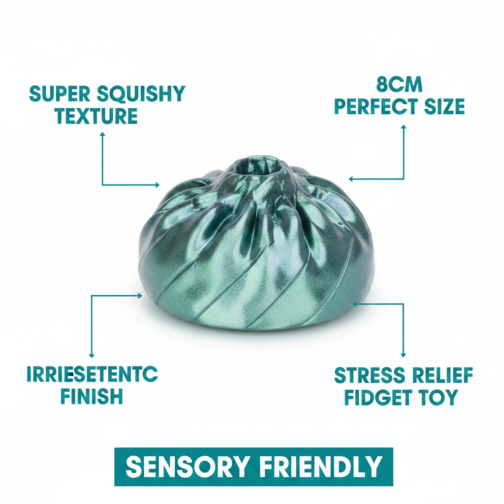 3D Fidget Dumpling 8cm teal mint iridescent feature infographic showing squishy texture, 8cm size, metallic finish, stress relief and sensory friendly benefits