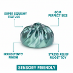 3D Fidget Dumpling 8cm teal mint iridescent feature infographic showing squishy texture, 8cm size, metallic finish, stress relief and sensory friendly benefits