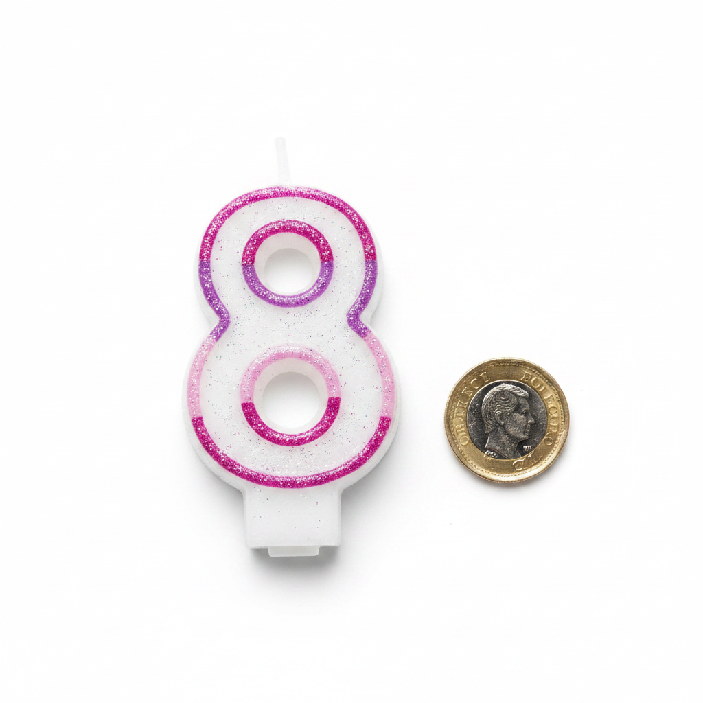 Pink Number 8 Birthday Candle flat lay beside a £1 coin for size reference on white background