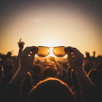 Gold Elvis Presley glasses held up against a golden hour festival crowd, aspirational rock and roll lifestyle