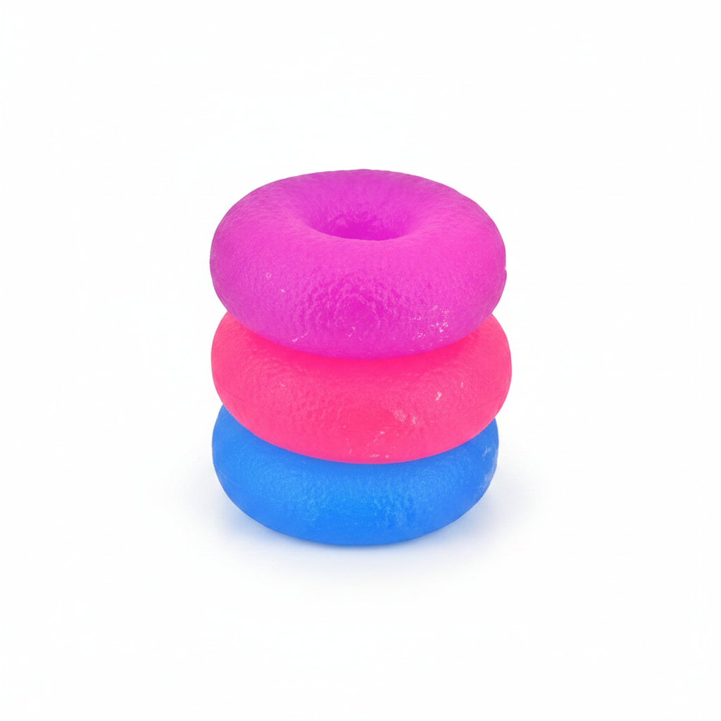 Squidgy Donut In Box squishy foam donut toys in hot pink, bubblegum pink and sky blue on white studio background