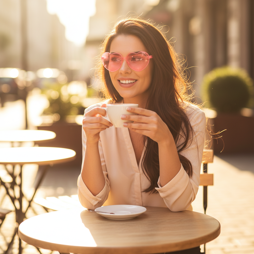 Stylish woman wearing pink heart shaped fashion glasses at a sunny outdoor café - Why Not Shop