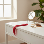 Stargazer cherry red hair extension displayed on a modern dressing table with beauty accessories in natural window light