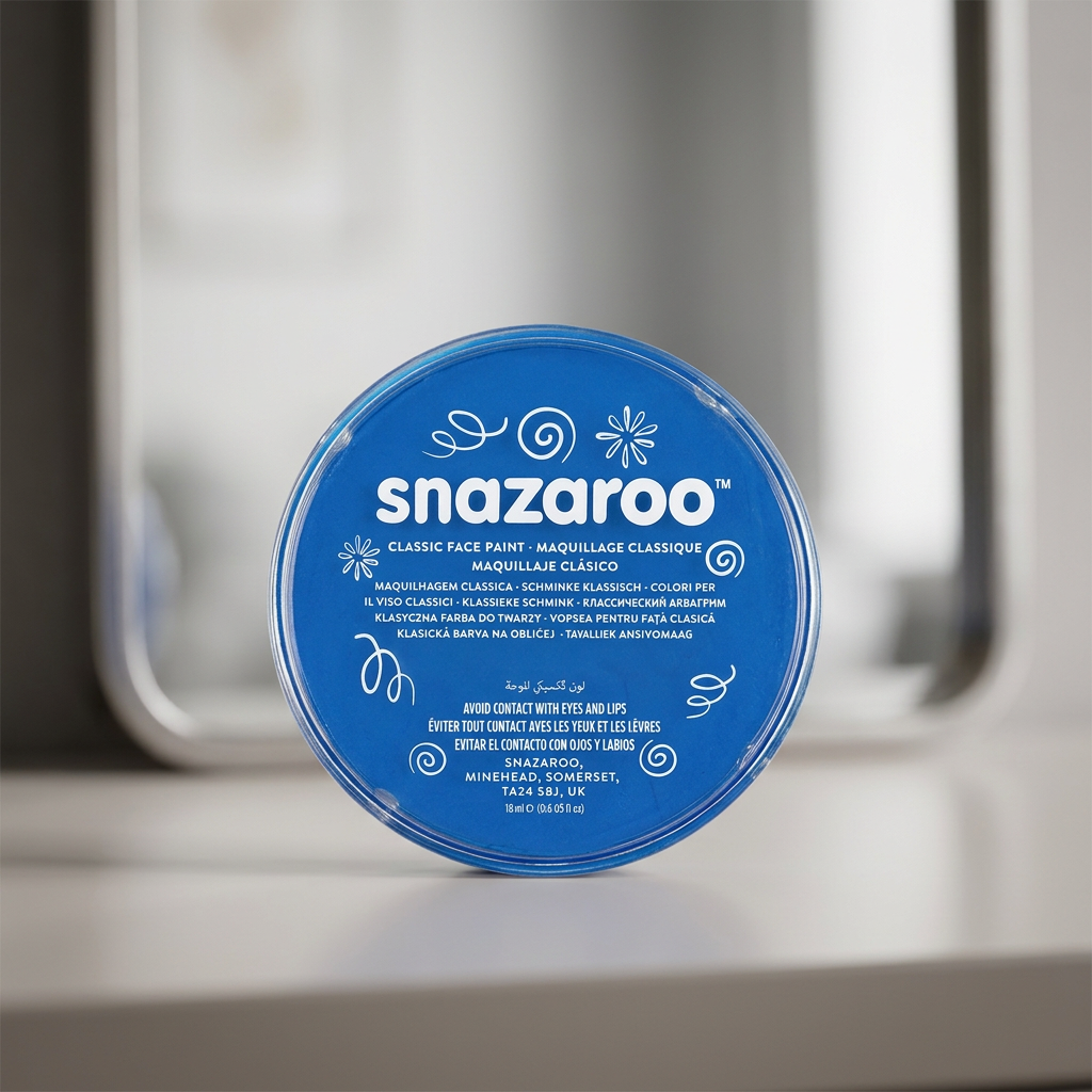 Snazaroo Sky Blue face paint pot on a dressing table in front of a mirror
