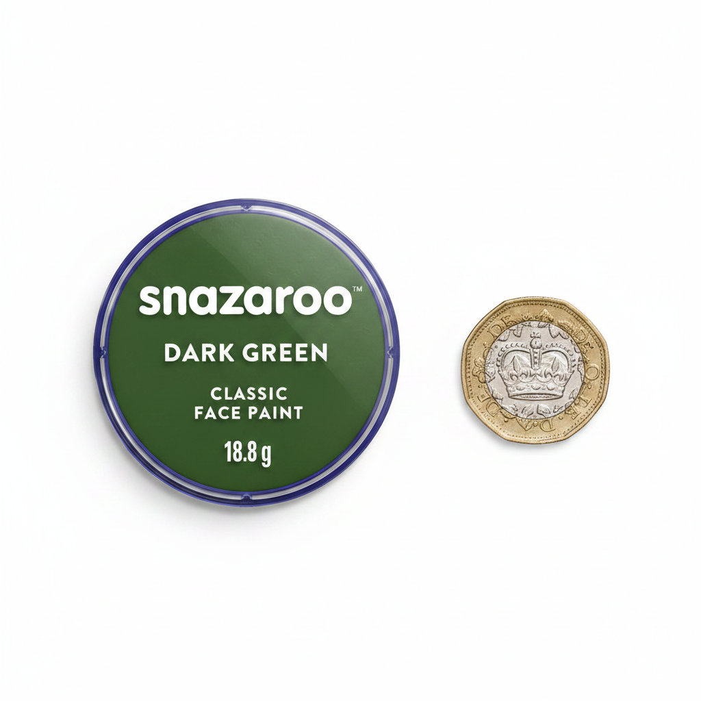 Snazaroo Dark Green Face Paint 18ml pot beside a £1 coin showing product scale, flat lay on white background