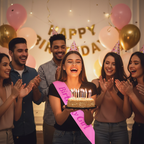 Young woman wearing Pink Birthday Girl Satin Sash at a birthday party holding a cake surrounded by friends