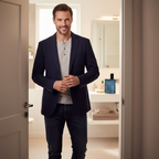 Well-groomed confident man ready for a night out with Real Time Sea Beach EDT on bathroom shelf