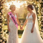 Bride and bridesmaid sharing an emotional moment in a garden wedding setting with bridesmaid wearing pink satin sash