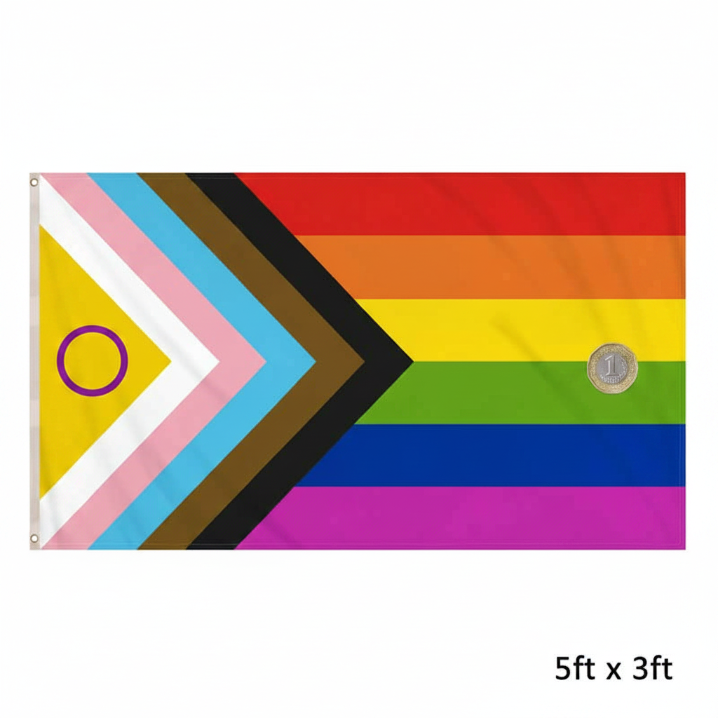 Intersex Progress Gay Pride Flag flat lay beside UK £1 coin on white background showing 5ft x 3ft scale