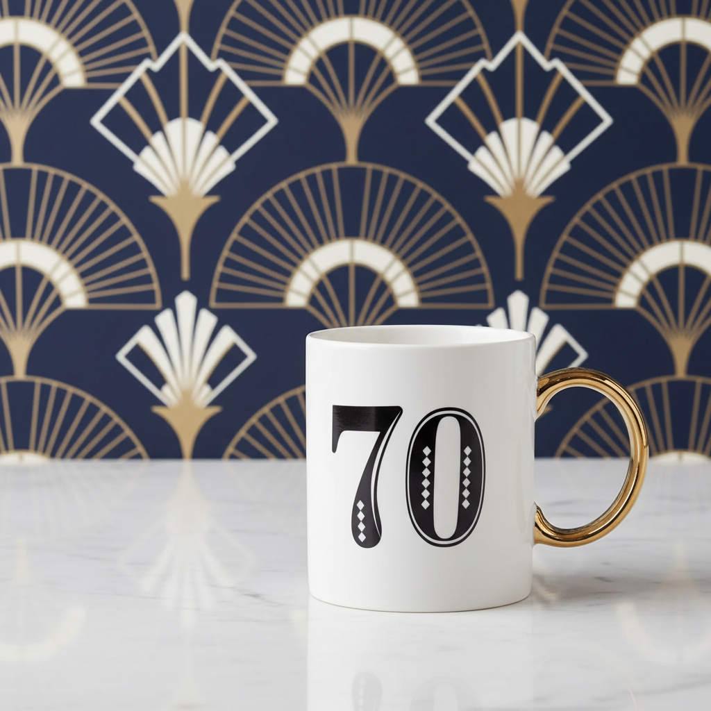 Art Deco 70th Birthday Gift Mug in White Blue and Gold - Premium Porcelain Gift Boxed