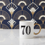 Art Deco 70th Birthday Gift Mug in White Blue and Gold - Premium Porcelain Gift Boxed
