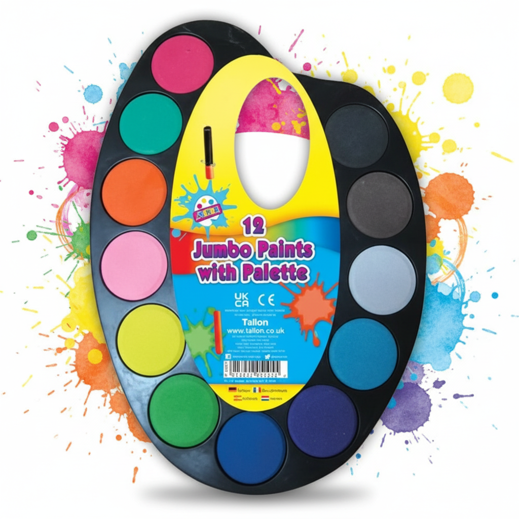 Children's jumbo 12 colour paint palette with brush - vibrant art supplies for kids