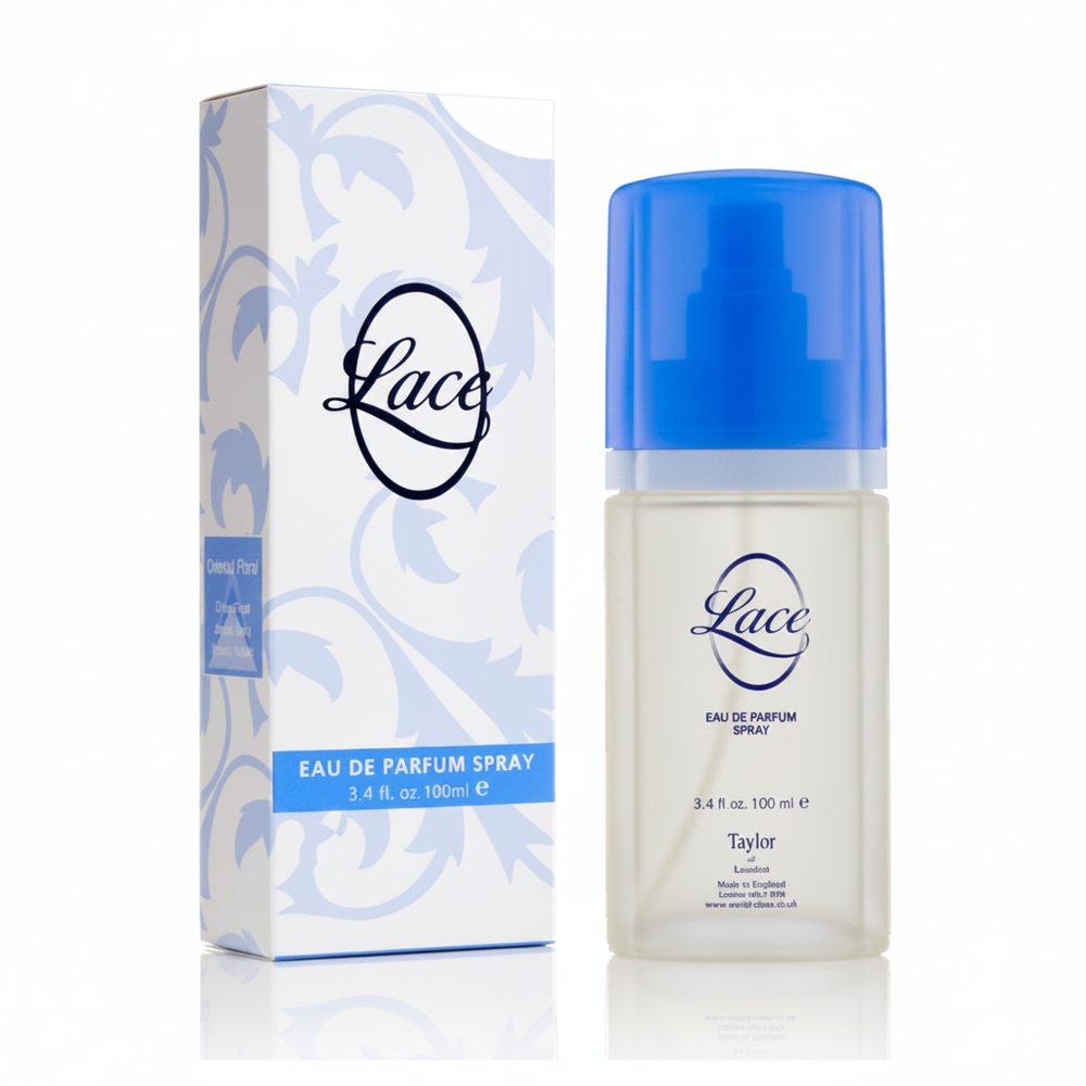 Taylor of London Lace EDP 100ml on pure white background with gift box, studio hero shot