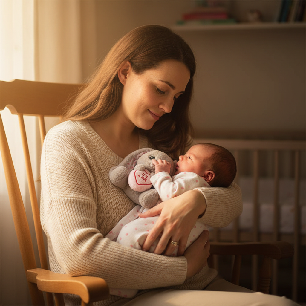 Mother and newborn baby girl with Swizzels Love Heart Bunny in golden hour light