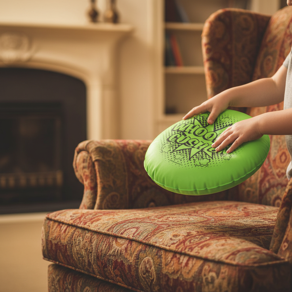 Child's hands holding a neon green whoopee cushion about to place it sneakily on a chair, candid prank moment