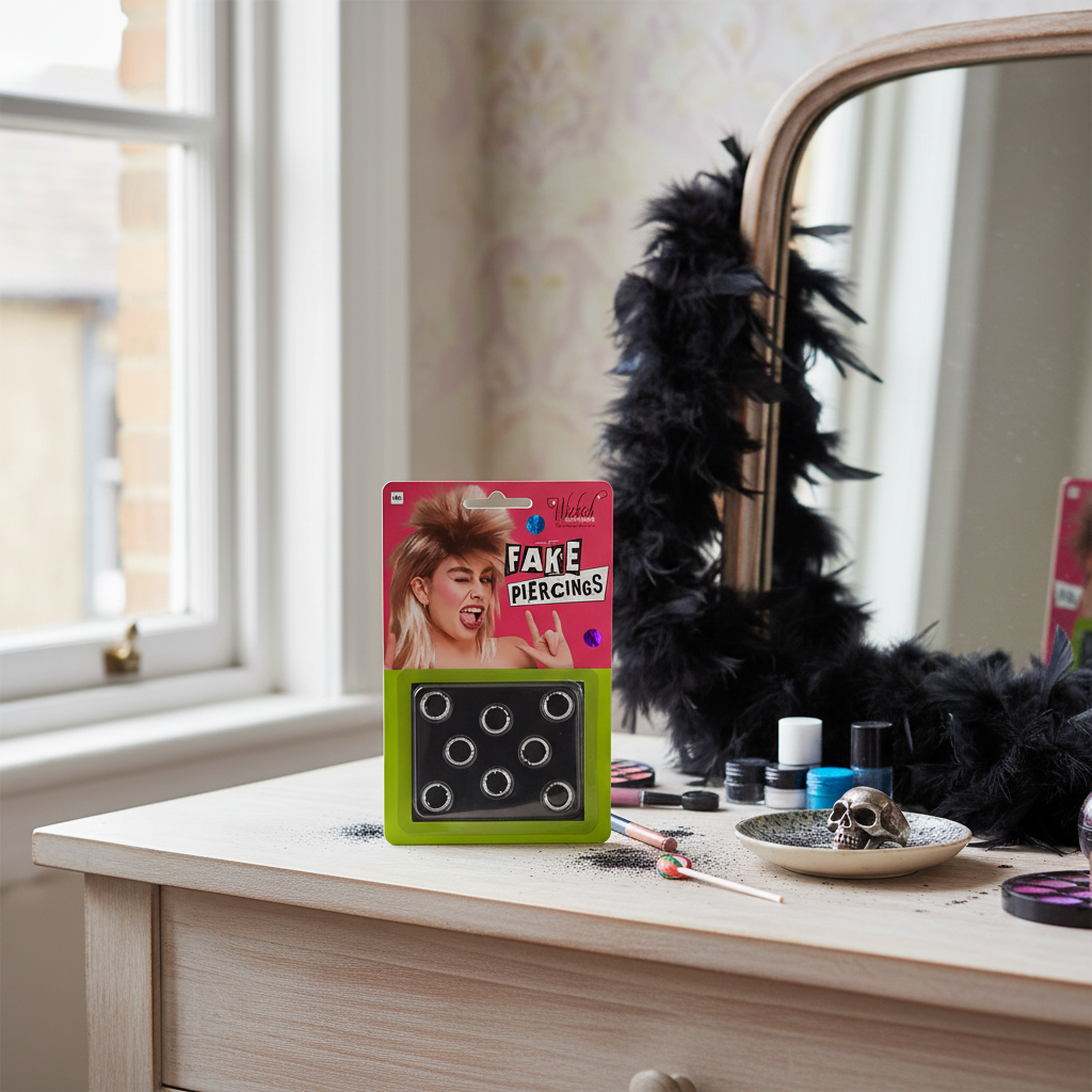 Wicked Costumes Fake Piercings Set 8-Pack hot pink and lime green blister card on a dressing table beside Halloween costume props including a black feather boa and face paint, natural window light, rule of thirds