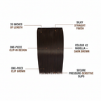 Feature infographic for 20 inch clip-in hair extension Colour #2 Nigella showing key specs including length, shade and clip design