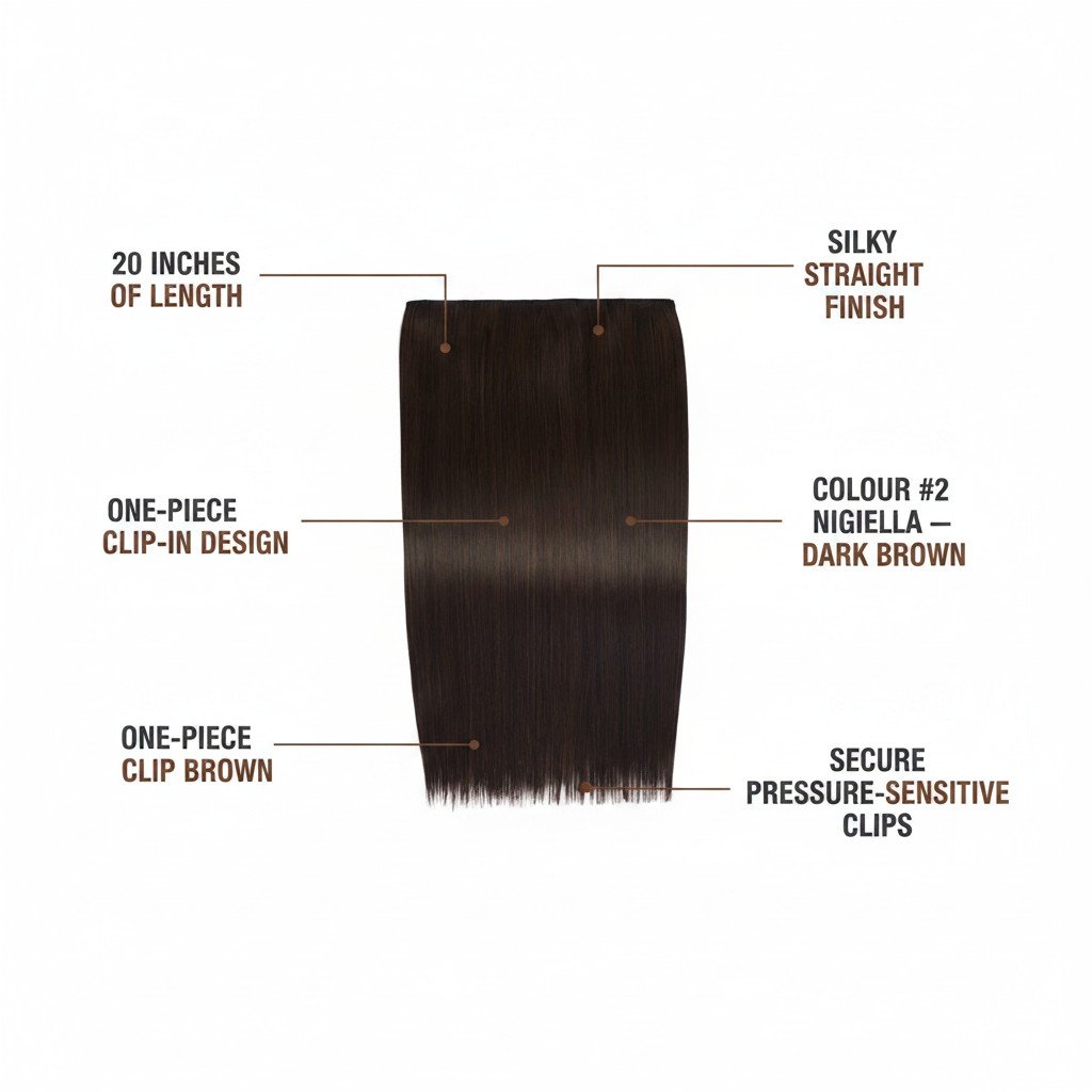 Feature infographic for 20 inch clip-in hair extension Colour #2 Nigella showing key specs including length, shade and clip design