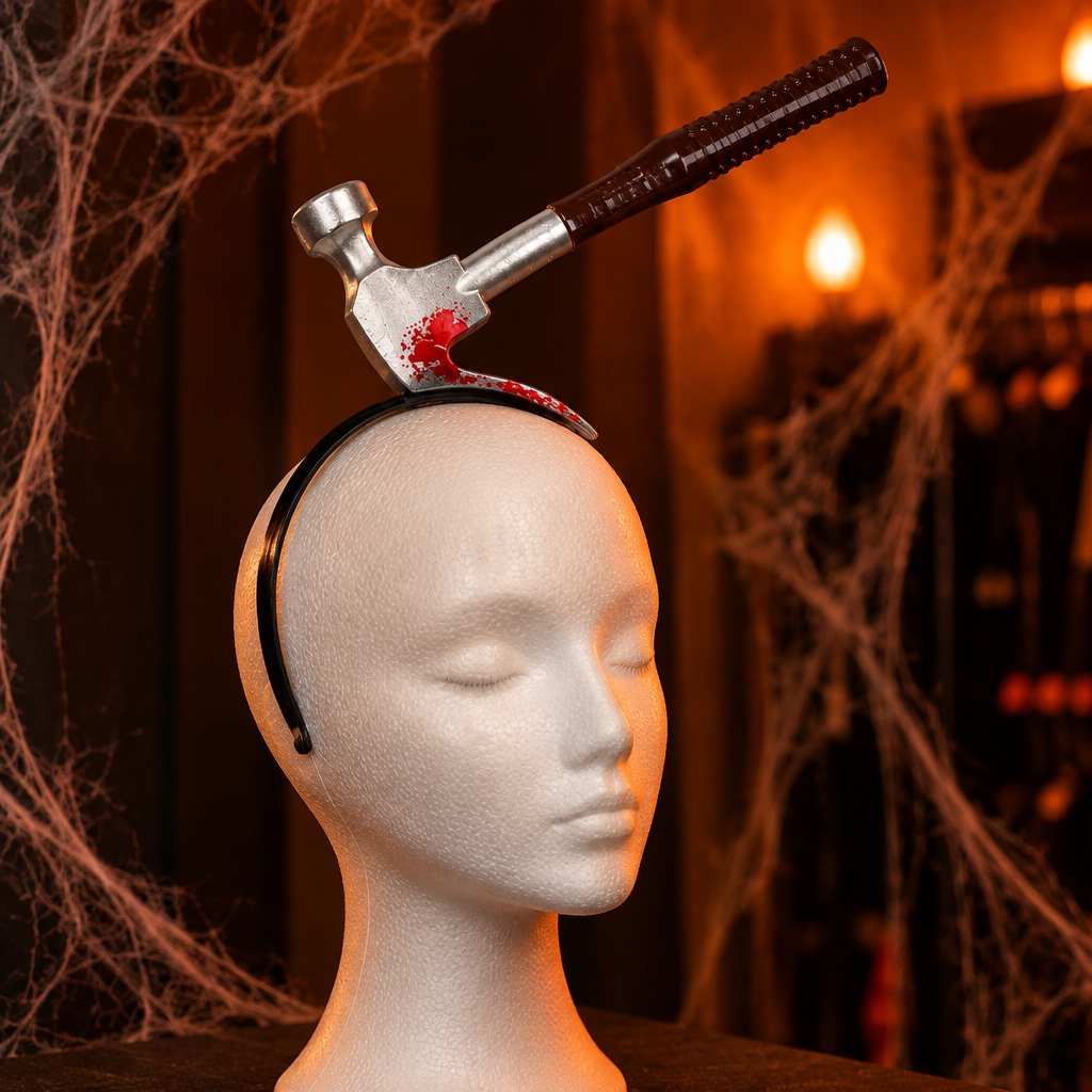 Hammer in head headband displayed on a white mannequin head with cobwebs and orange lighting