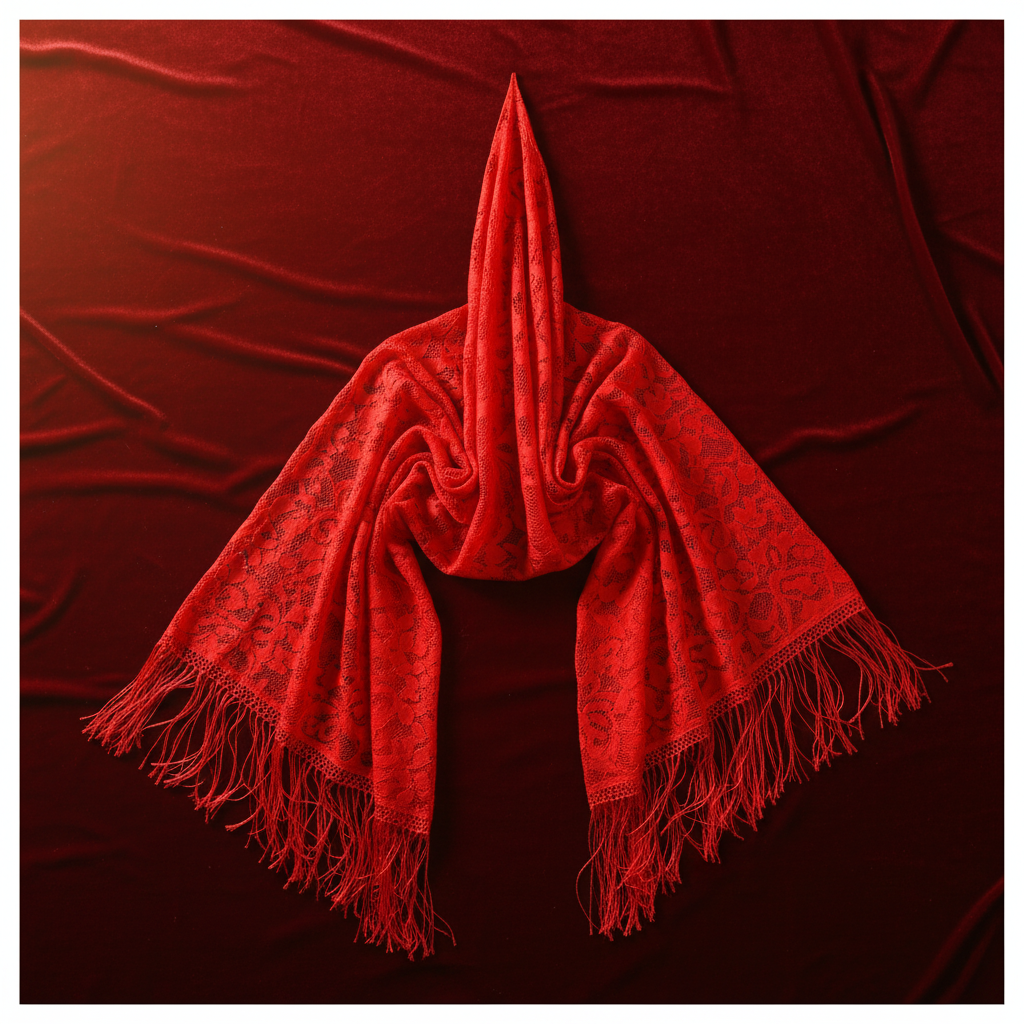 Red lace pashmina shawl draped on velvet background showing floral lace detail and tassel fringe