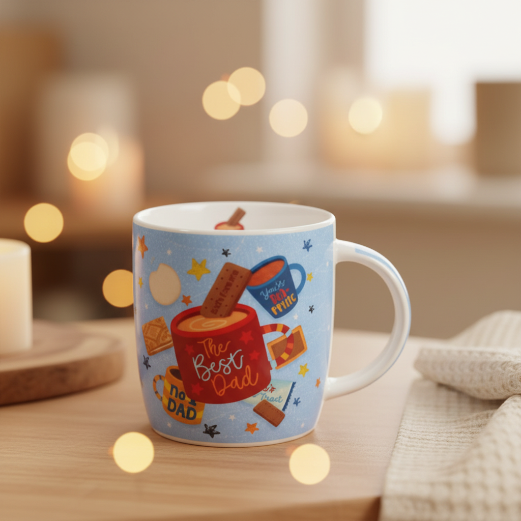 Best Dad gift mug on a warm rustic wooden surface with cosy home background – perfect Father's Day gift