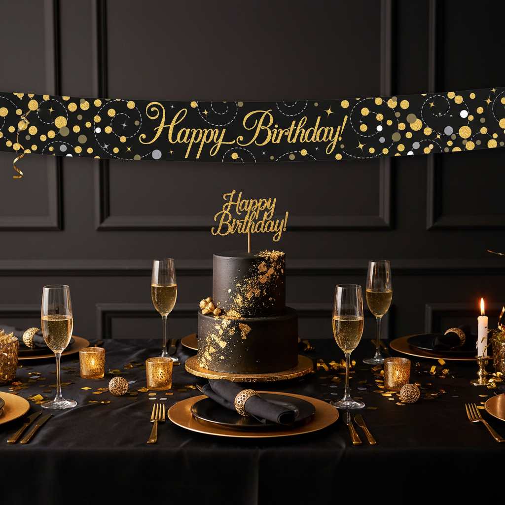 Sophisticated birthday party table with black and gold theme and Sparkling Fizz banner