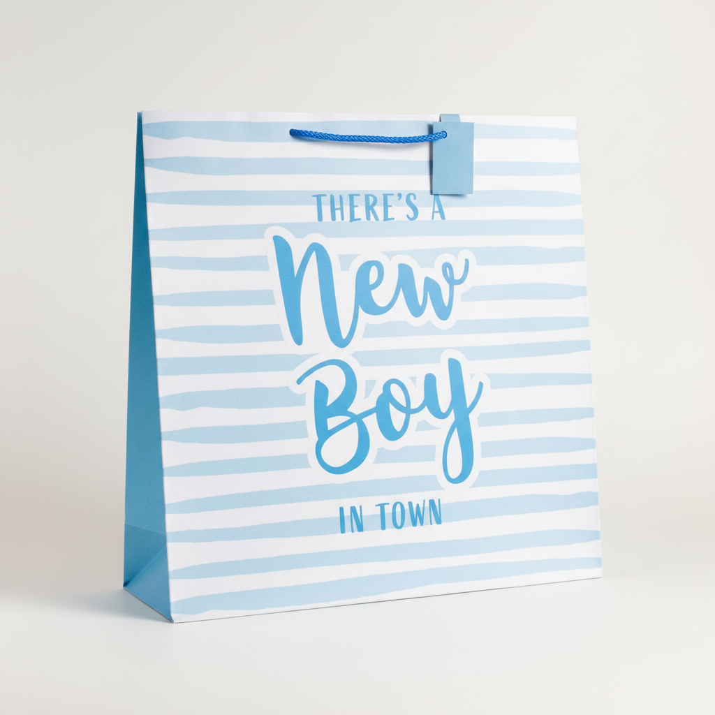 New baby boy blue gift bag giant square 19.5 inches with There's A New Boy In Town design