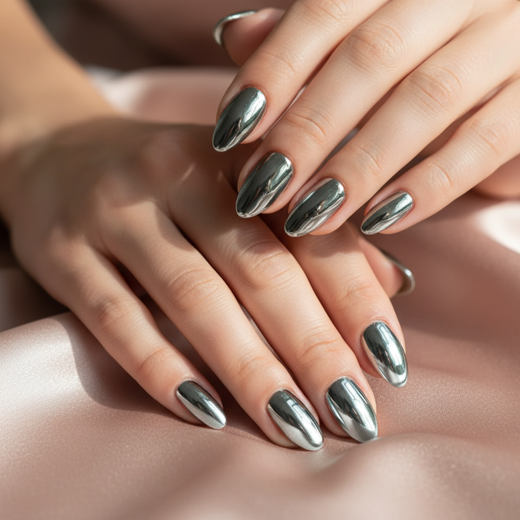 Close-up of reflective metallic chrome nails with Technic Asteroid pigment on rose gold silk fabric