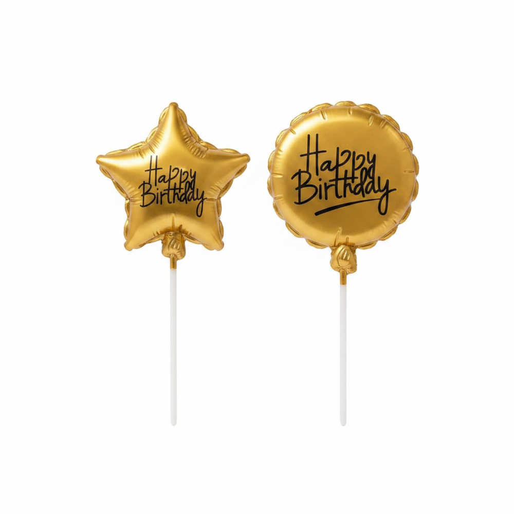 Gold metallic balloon birthday candles star and circle on white background