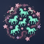 Flat lay of glow in the dark unicorn stickers glowing green on dark navy background with pink stars and magical props