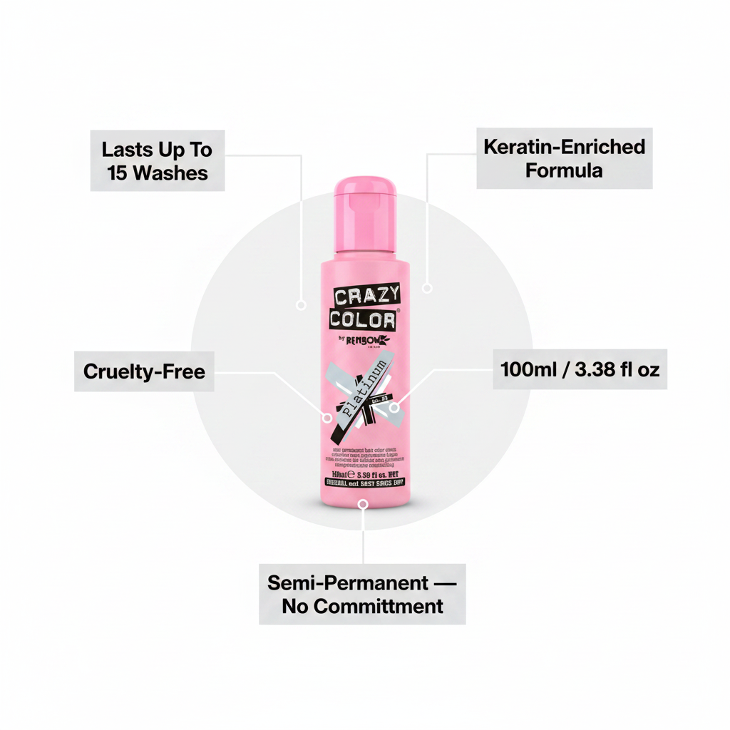 Crazy Color Platinum No.28 feature infographic showing key benefits: lasts 15 washes, keratin-enriched, cruelty-free, 100ml