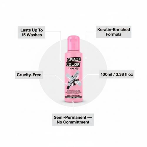 Crazy Color Platinum No.28 feature infographic showing key benefits: lasts 15 washes, keratin-enriched, cruelty-free, 100ml