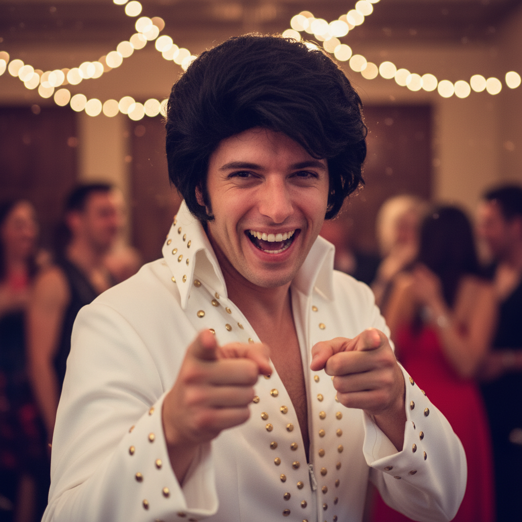 Man wearing jet black Elvis pompadour wig laughing at fancy dress party in white jumpsuit