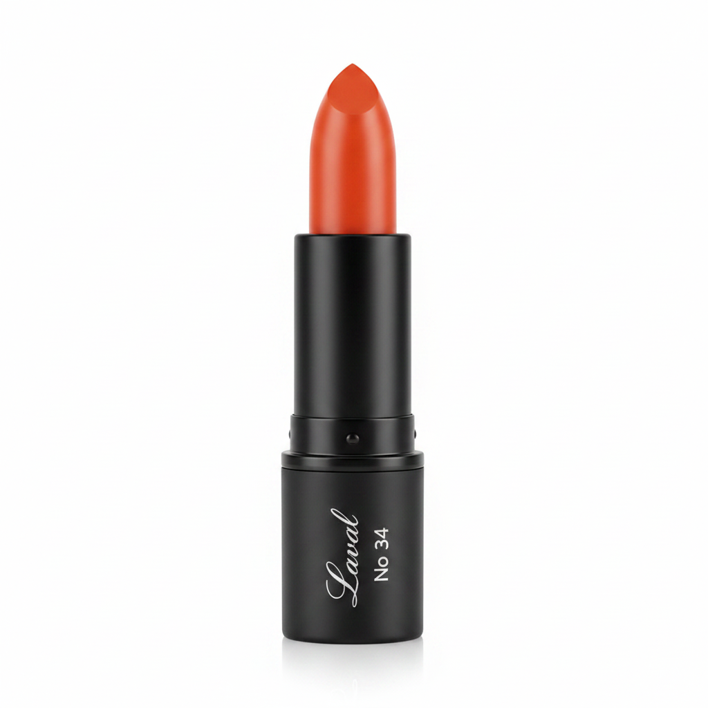 Laval Orange Lipstick Honey Bun 34 matte black tube on pure white background, studio hero shot