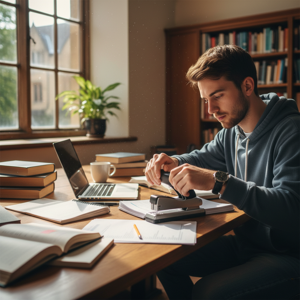 Student stapling coursework with a desktop stapler at a study desk