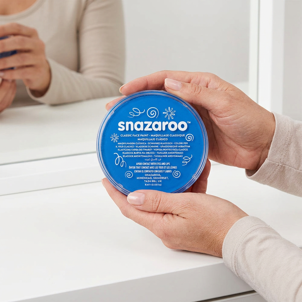 Adult holding a Snazaroo Classic Sky Blue face paint pot with both hands beside a mirror