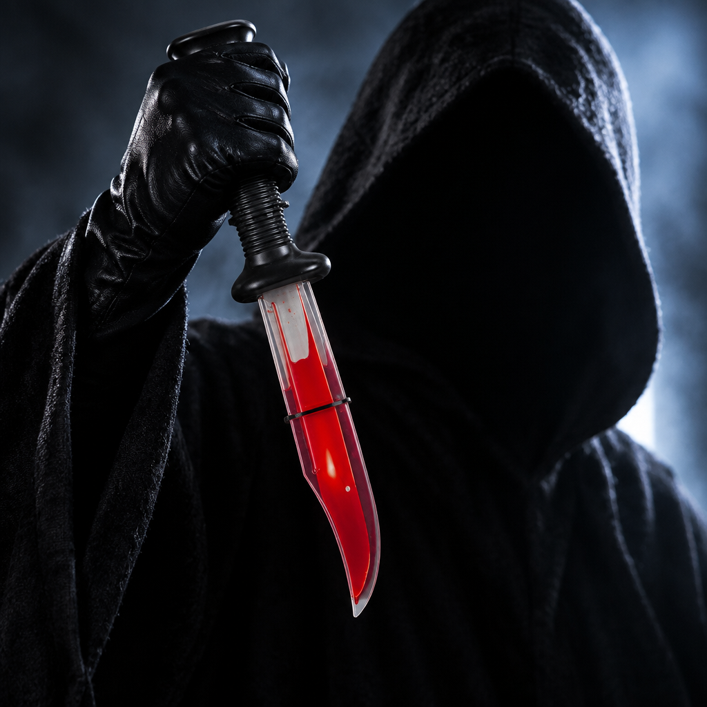 Person in a black hooded robe and gloves holding the bloody knife prop in horror movie lighting