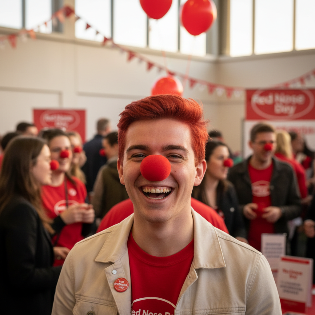 Happy person wearing red nose and red hair spray at Red Nose Day charity event - lifestyle image