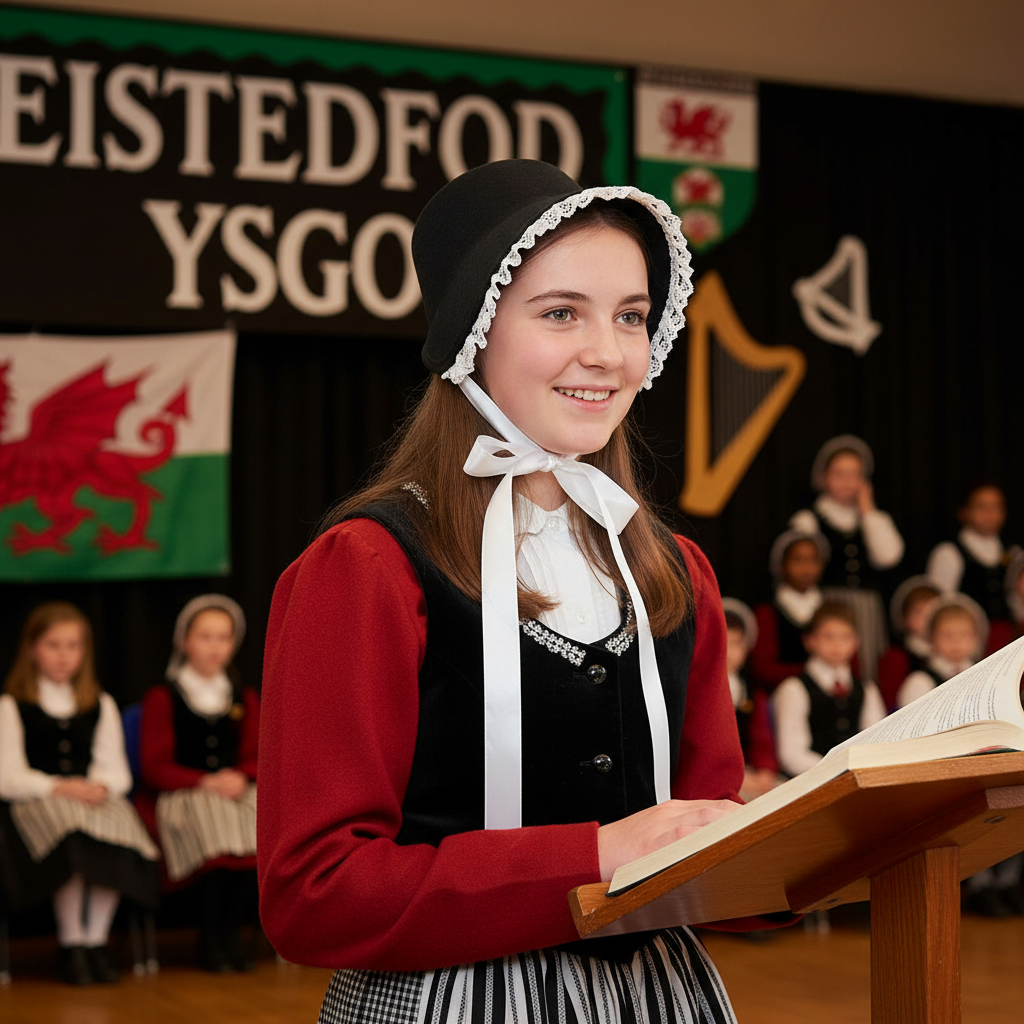 Girl in traditional Welsh costume wearing cockle-shell bonnet hat at school eisteddfod cultural event